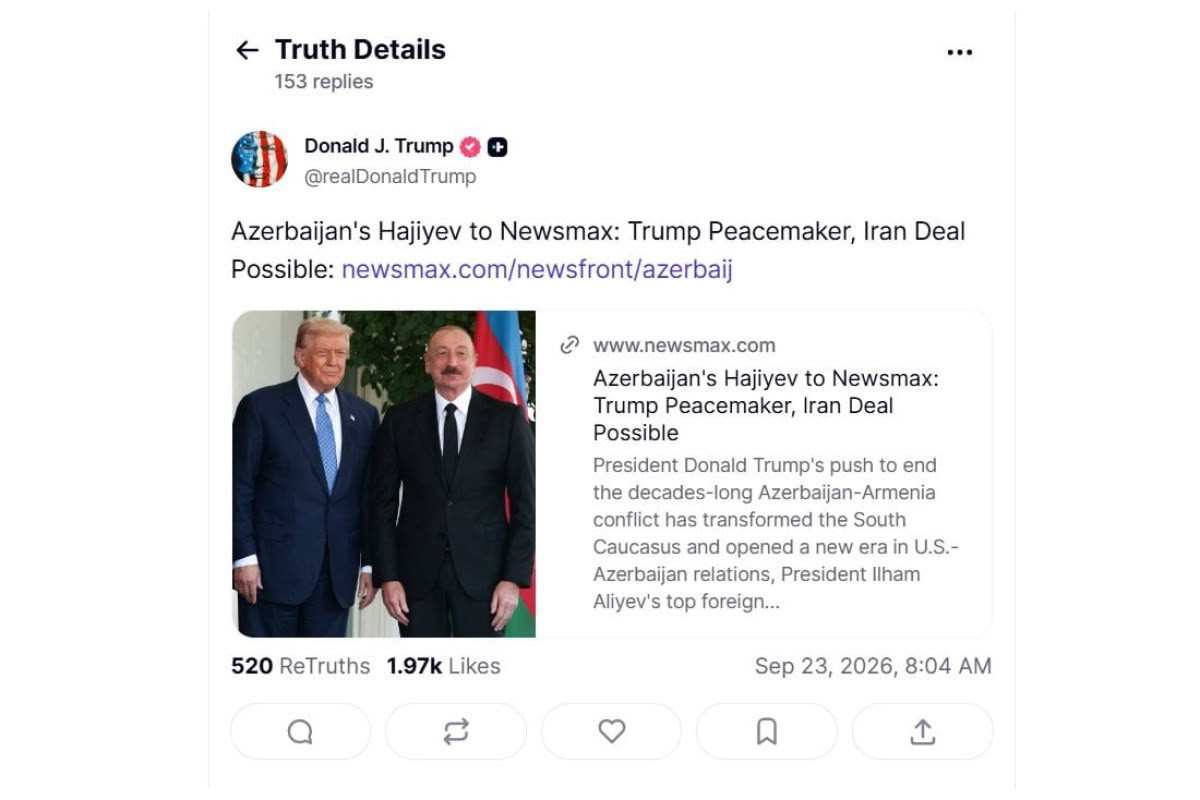 Tramp Hikmət Hacıyevin \"Newsmax\" nəşrinə müsahibəsini paylaşıb - FOTO