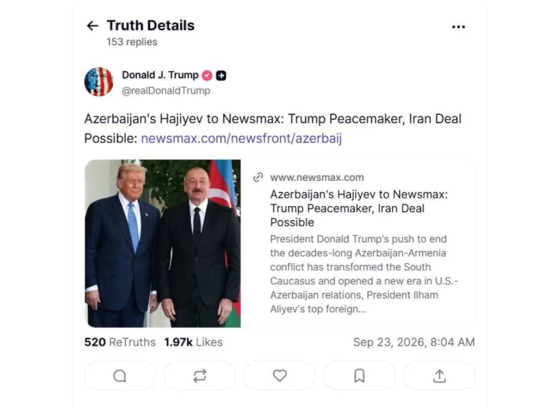 Tramp Hikmət Hacıyevin \"Newsmax\" nəşrinə müsahibəsini paylaşıb - FOTO